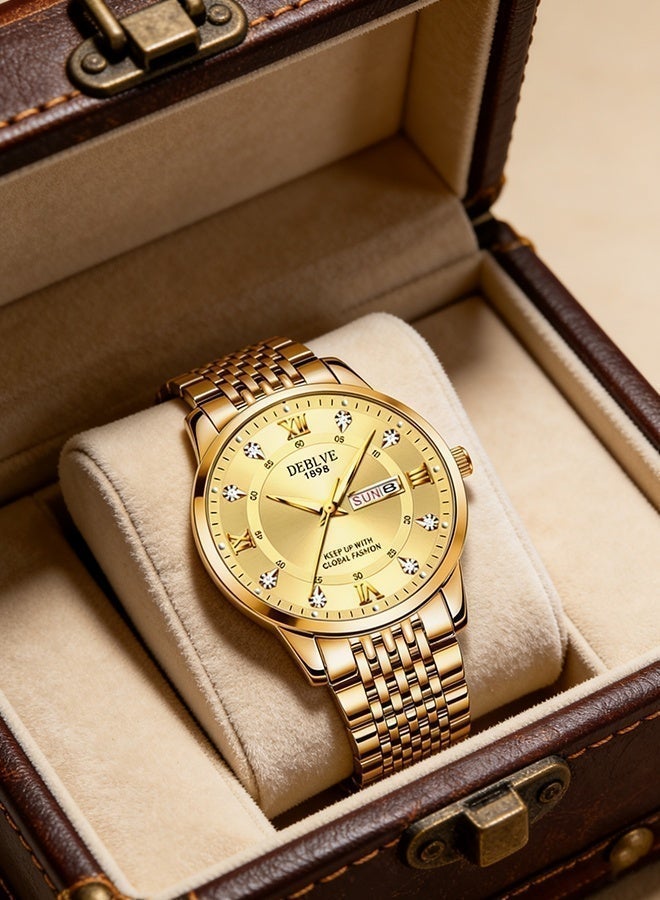 ديبلفي ساعة ذهبية للرجال,ساعة يد للرجال، ساعة رجالية عصرية للأعمال مزودة بعقارب مضيئة، ساعة يد من الفولاذ المقاوم للصدأ، ساعة كوارتز مع عرض اليوم والتاريخ، باللون الذهبي - Image 4